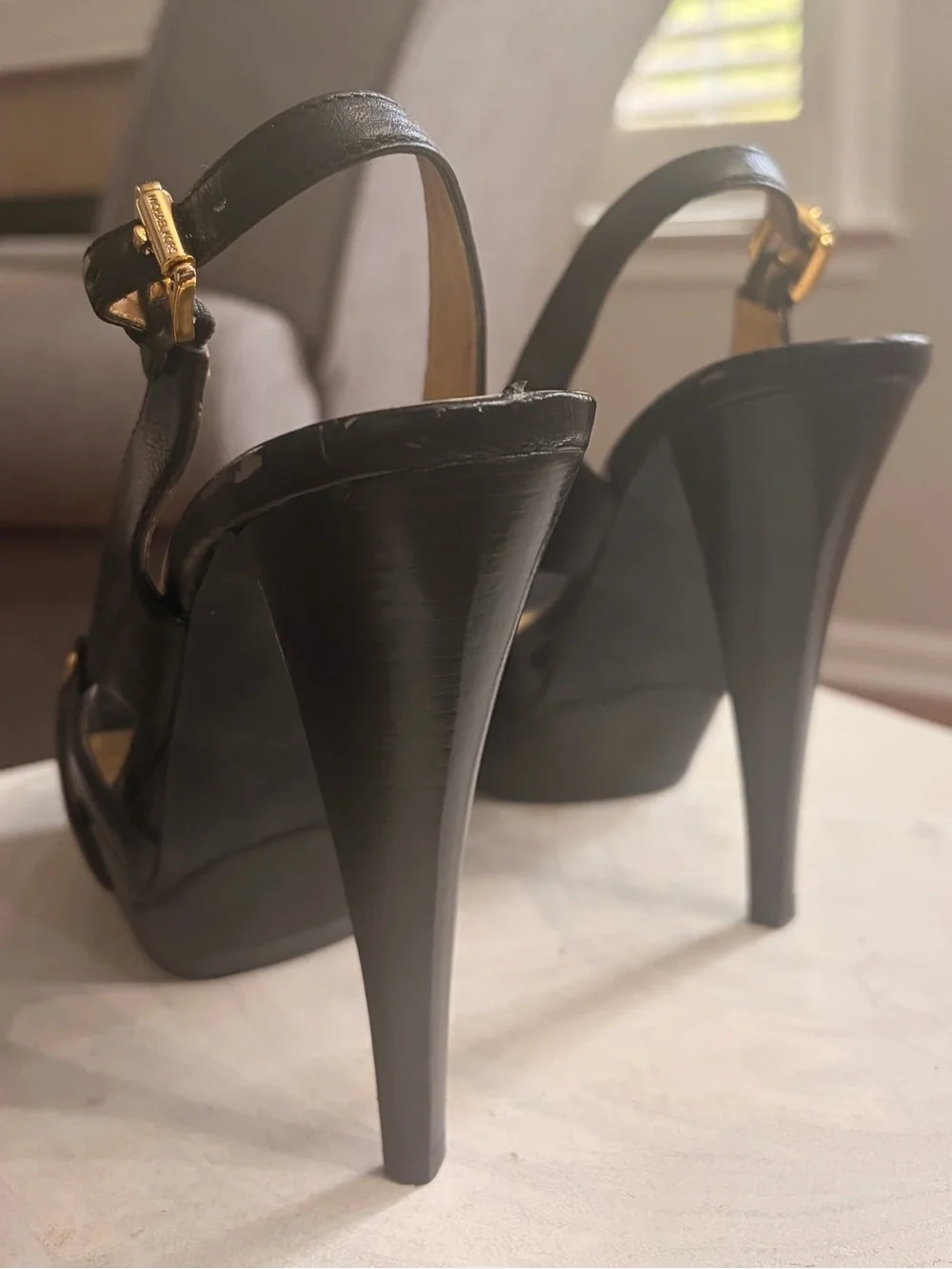 Michael Kors Black Leather Platform Slingback Sandals with Gold Insole